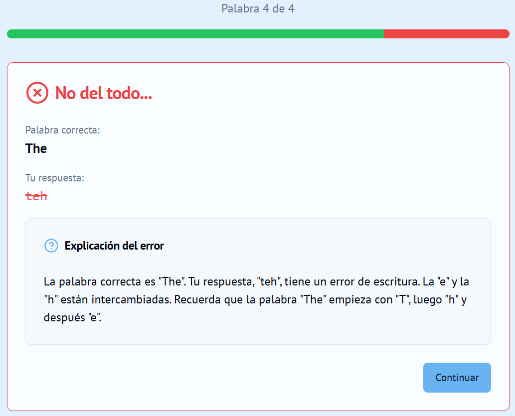 Dictation mode showing AI feedback (e.g., “You typed ‘teh’ → Correct spelling: ‘the’”).